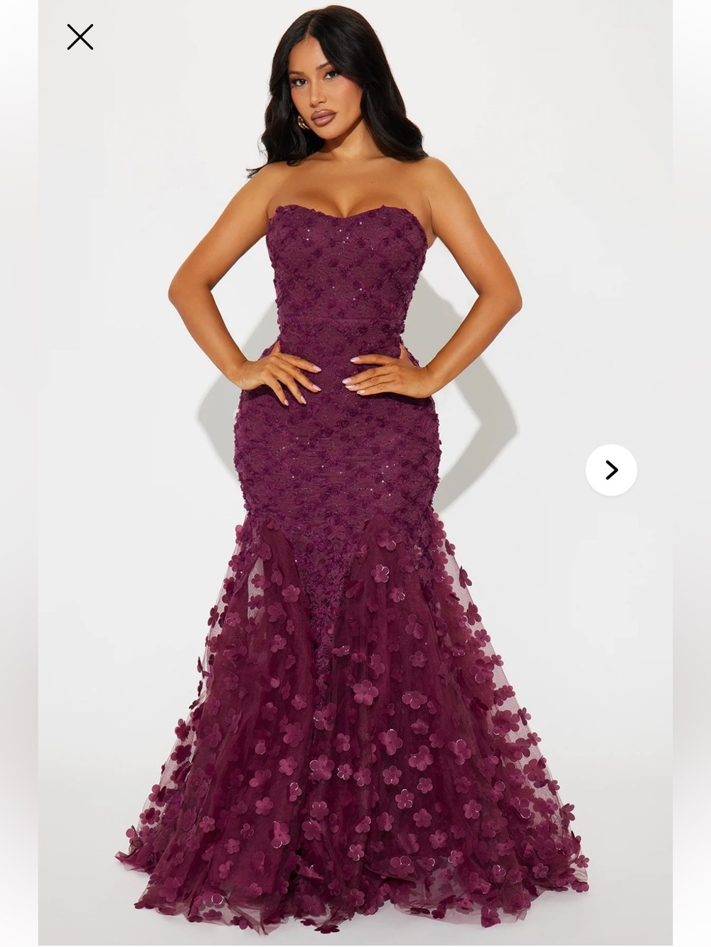 Fashion Nova Strapless Plum Floral Appliqué Mermaid Gown